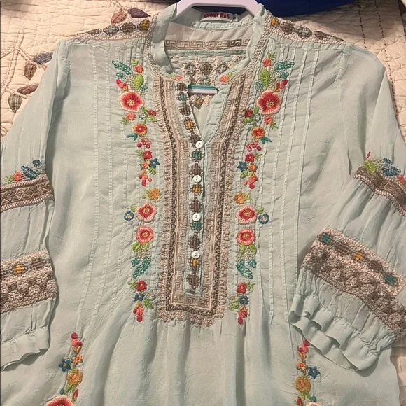 Johnny Was Pastel Blue Embroidered Blouse - Picture 1 of 9